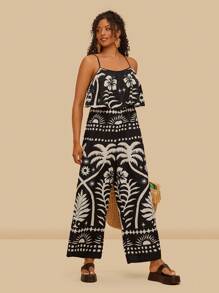 Travachic Plus Size Tropical Print Sleeveless Jumpsuit, Casual Resort Wear - Black and White - View 6