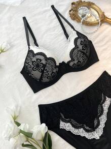 DelicateAllure Bộ đồ lót ren tương phản & quần lót - Đen và trắng - Xem 5