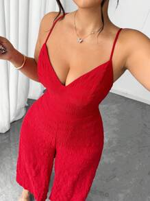 SHEIN PETITE 加大码性感纯色露背吊带连体裤，夏季 - 紅色 - 查看 7