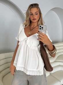 Roylia 女式心形领口蕾丝拼布层叠荷叶边下摆短袖衬衫/夏季假日衬衫