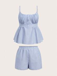 Comfortcana 2pcs/Set Plus Size Women's Striped Sleeveless Top And Shorts Set, Vacation Style, Spring/Summer,Refreshing,Striped,Babydoll Top And Shorts 2pcs,Kawaii,Cute,Y2k Clothes,Back To School - Blue - View 4