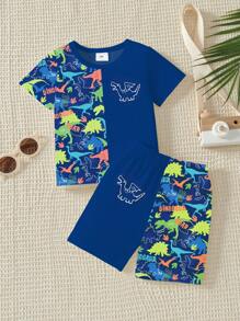 2pcs Young Boy Dinosaur Patchwork Print Short Sleeve T-Shirt And Shorts Set, Summer Outfit