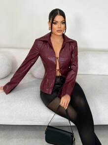 SHEIN SXY 勃艮第鳄鱼压纹皮革前系带夹克，勃艮第皮革上衣，皮革，红色皮革上衣，女士勃艮第，皮革，俱乐部性感，秋季，冬季，节日，机场，女士长袖上衣，商务休闲，俱乐部 - 酒紅色 - 查看 3
