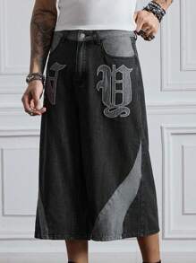 ROMWE MEN Street Life Men's Letter Graphic Pocket Contrast Color Wide Leg Capri Jeans - Black - View 5