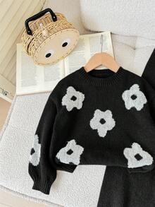 LMoss Kids LMoss  Young Girl 2pcs White Floral Pattern Sweater Top And Pants Knit Set For , Warm And Comfortable Fall Clothes,Great For Casual & Daily Wear & School Daily In Autumn & Winter Girls Sweater Sets Girl Knit Set Kids Two Piece Set Winter Girls Sets Girls Floral Knit Set Girls Knit Set Flower Knit Set Winter Young Girls Sets - Black - View 7