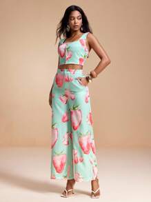 Becci Summer Fruit Strawberry Print Woven Cami Top And High-Waist Wide-Leg Pants Set Vacation Co-Ords