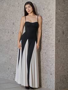 Andrea Bello Vestido elegante negro y blanco con tirantes de espagueti - Blanco y Negro - Ver 5