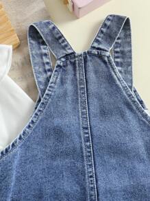 SHEIN 女婴时尚休闲心形印花牛仔背带裤和长袖上衣套装 - 彩色 - 查看 7