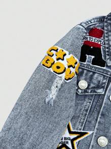 Denimly Young Boy Loose Light Wash Ripped Denim Jacket,American Vintage Street Chic 97 Embroidered Badge,Winter,Career Day,Back-To-School Casual Coat - Light Wash - View 5