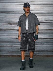 AXEPEAK Men's Casual Water-Washed Cross Print Short Sleeve Denim Shirt, Summer - Grey - View 6