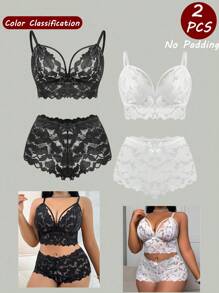 SHEIN 2pcs/Set Women Plus Size Sexy Lace Lingerie Set