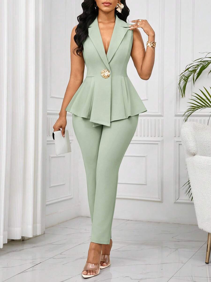 SHEIN Lady Bộ vest blazer không tay, bộ vest công sở eo thon thanh lịch lãng mạn dành cho nữ, trang phục công sở cho nữ vào mùa thu/đông - màu xanh lá - Xem 1