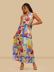 Travachic Plus Size Loose Tropical Print Asymmetrical Shoulder Maxi Dress, Vacation Style Off Shoulder Dress Beach Dresses For Women Tropical Vacation Woman Clothes Tropical Flowers - Multicolor - View 5