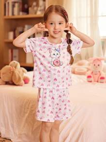SHEIN Conjunto de 2 piezas de pijama para niñas (talla pequeña) con estampado de gatito y dona en forma de corazón
