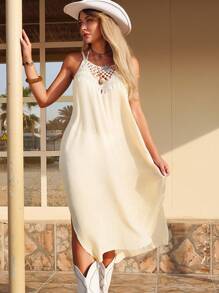 SHEIN Swim Women Crochet Hollow Neck Sleeveless Solid Color Beach Holiday Western Dress Cover Up For Summer Beach Vacation - Apricot - View 2