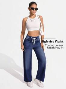 SHEIN Essnce Jeans rectos de talle elástico con cordón a la cintura, lavado, de uso casual diario para mujeres