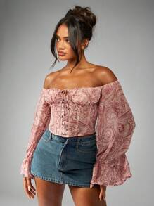 MISSGUIDED 佩斯利雪纺露肩紧身胸衣泡泡袖衬衫节日文艺复兴波西米亚风上衣乡村风夏季春季 - 彩色 - 查看 3
