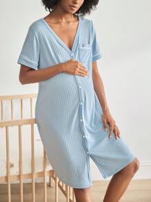 BloomMama Maternity Short Sleeve Ribbed Nursing Nightgown With Button,Fashion Loungewear Sleepwear Pajama Dress Sleep Shirt - Blue - View 2