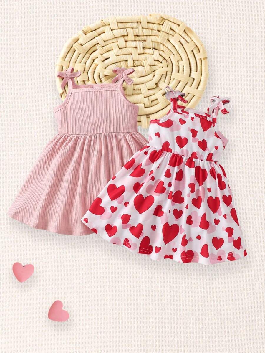 SHEIN Playful Pals 2pcs/Pack Baby Girls' Casual Basic Cute Heart Pattern Printed Spaghetti Strap Dress, Spring/Summer, Perfect For Valentine's Day - Pink - View 1