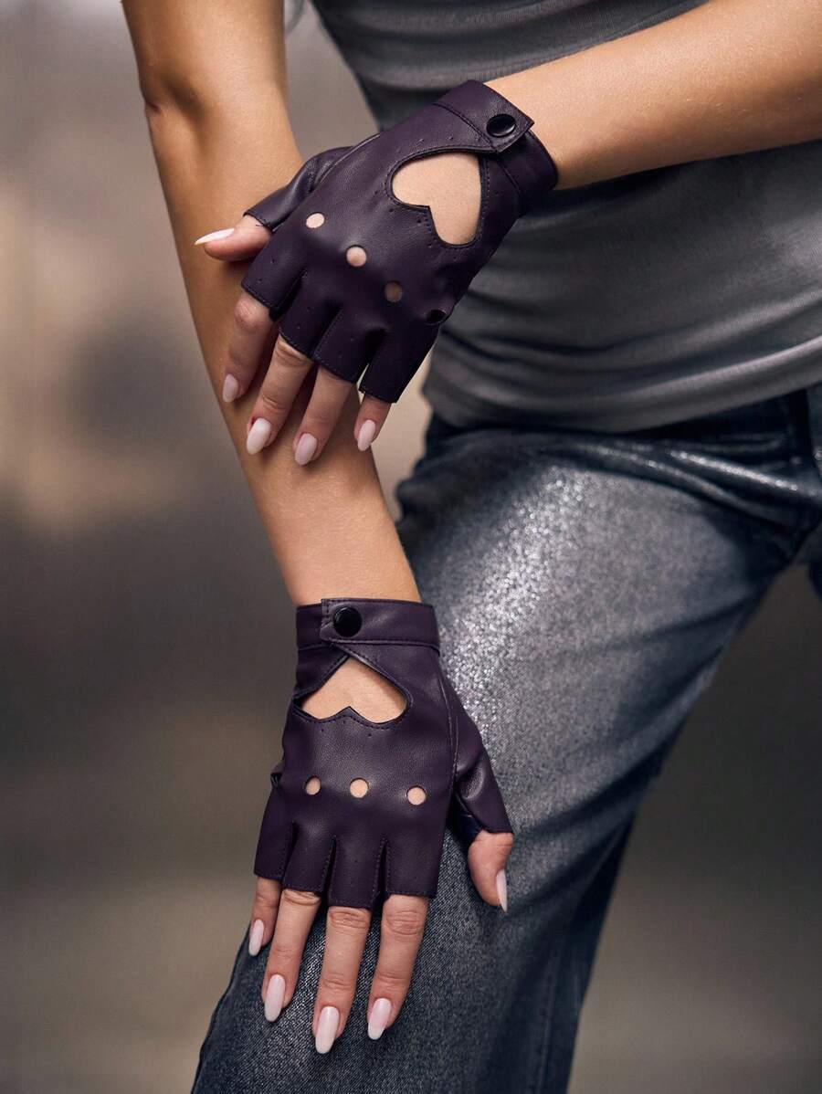 SHEIN ICON Fashionable Retro Solid Color Hollow Heart Half-Finger Gloves - Purple - View 1