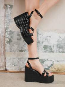 Sugerpunk Dép quai tròn đế dày đế xuồng màu đen họa tiết da cá sấu PU mềm mại thời trang đơn giản thoải mái dùng hàng ngày và dự tiệc - màu đen - Xem 8