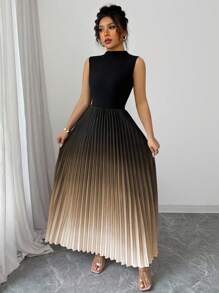 Elenzga Váy xếp ly Ombre chắp vá màu đen không tay thanh lịch giản dị dành cho nữ - Cà phê - Xem 3