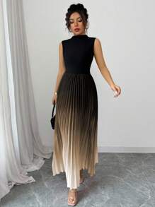 Elenzga Váy xếp ly Ombre chắp vá màu đen không tay thanh lịch giản dị dành cho nữ - Cà phê - Xem 5