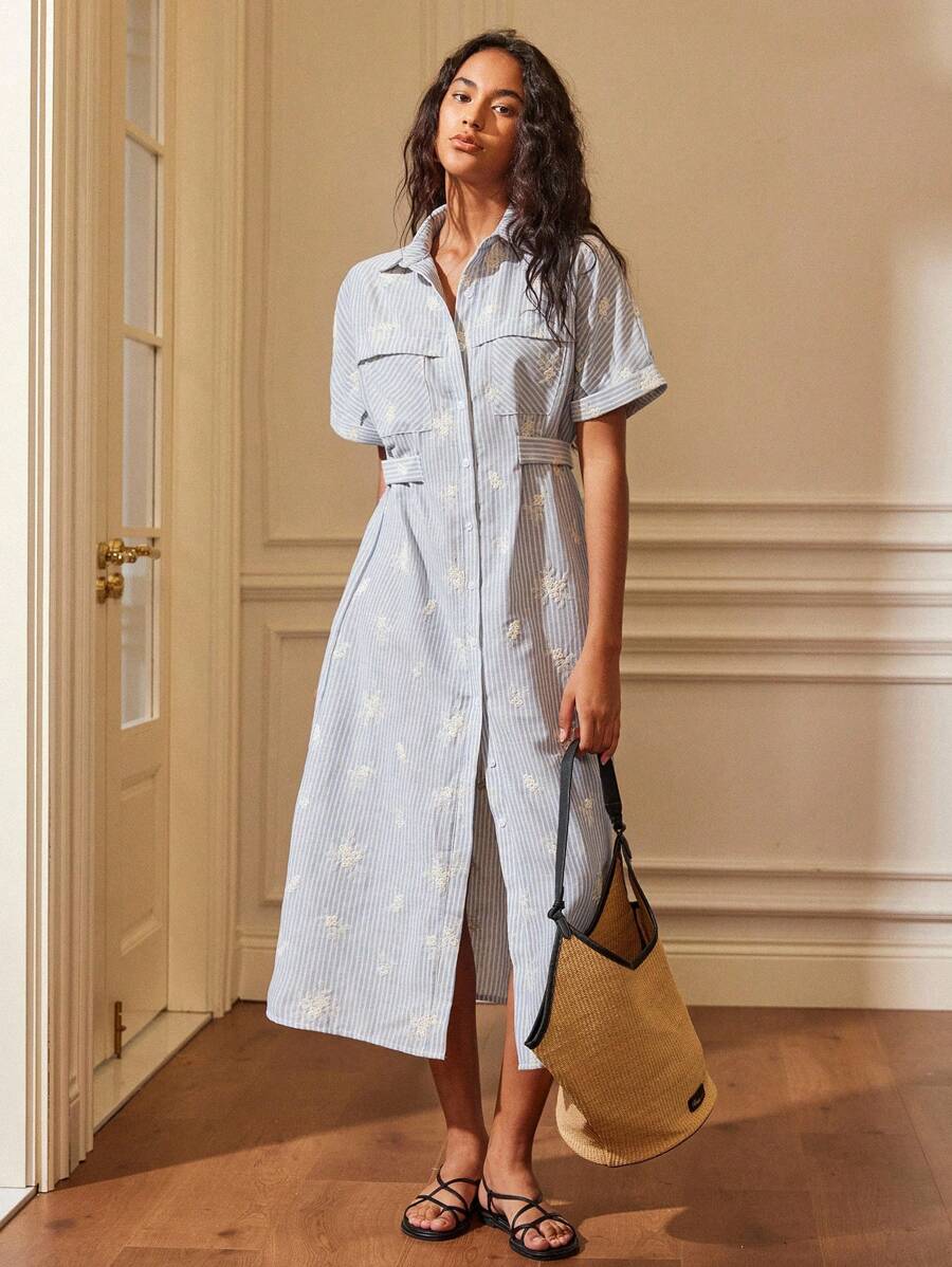 Écloséra Vintage Embroidered Blue Striped Polo Collar Long/Short Sleeve Fit And Flare Dress For Women, Elegant And Simple Design For Summer