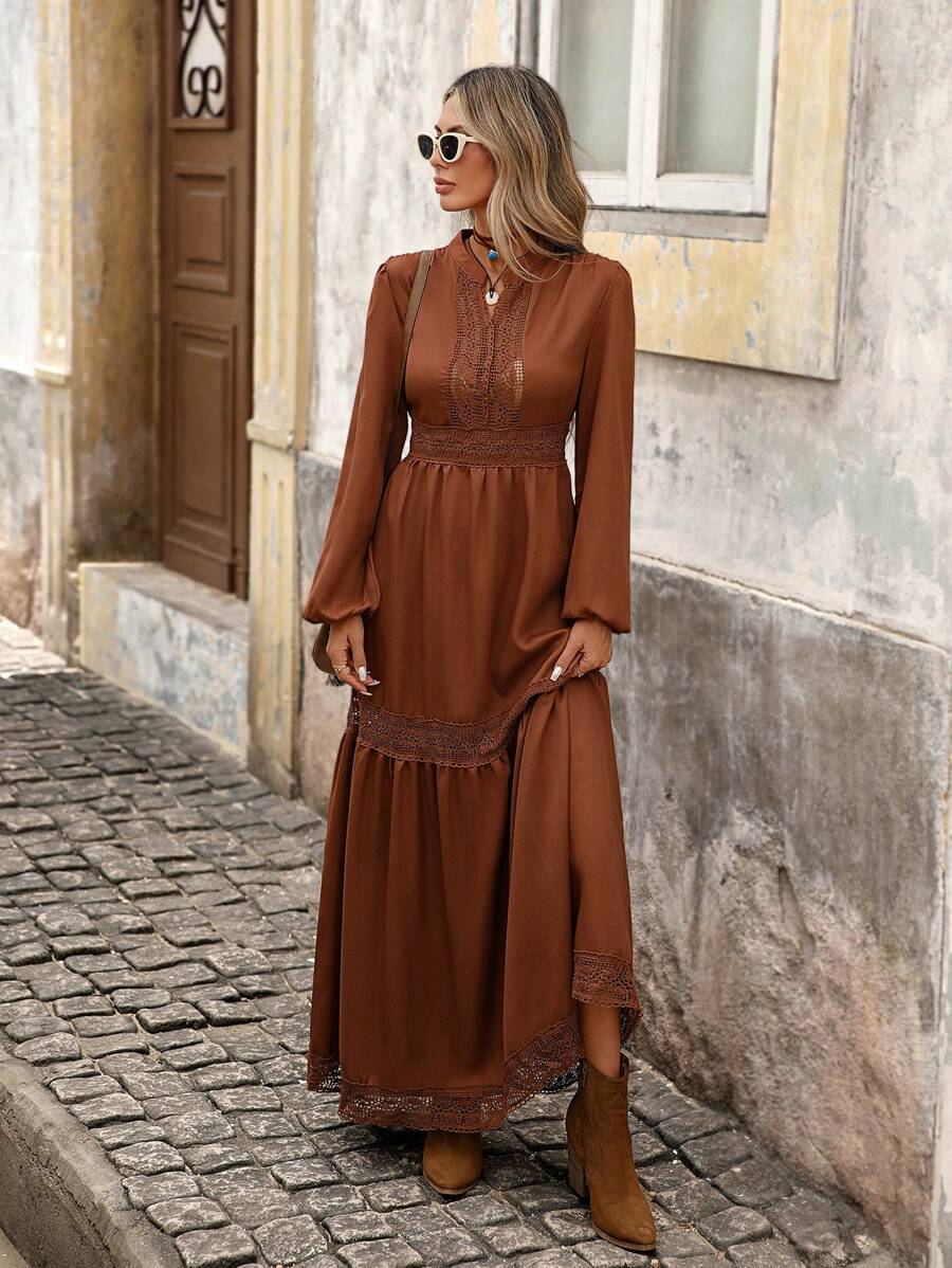 Brillora Women's Vacation Casual Solid Color Lace Splice Dress