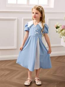 SHEIN Abito attillato da ragazza con colletto Peter Pan a colori contrastanti, lavorato a maglia - Blu - Visualizzare 4