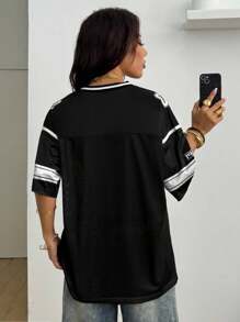 SHEIN Coolane Women's Summer Casual V-Neck Drop Shoulder Numeric Print T-Shirt - Black - View 2