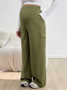 SHEIN Cargo Pants With Pockets, Wide Leg Trousers, Maternity Pants, Army Green - Green - View 5