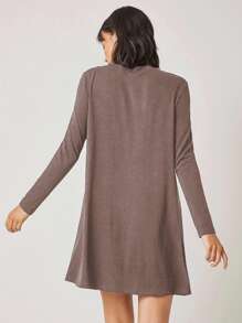 EURMUSE Women Casual Solid Color Round Neck Long Sleeve Short T-Shirt Dress - Chocolate Brown - View 2