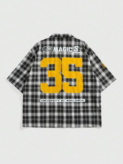 Street Life Men's Casual Letter Pattern Plaid Shirt, Suitable For Spring/Summer Daily Wear