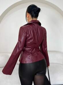 SHEIN SXY 勃艮第鳄鱼压纹皮革前系带夹克，勃艮第皮革上衣，皮革，红色皮革上衣，女士勃艮第，皮革，俱乐部性感，秋季，冬季，节日，机场，女士长袖上衣，商务休闲，俱乐部 - 酒紅色 - 查看 2