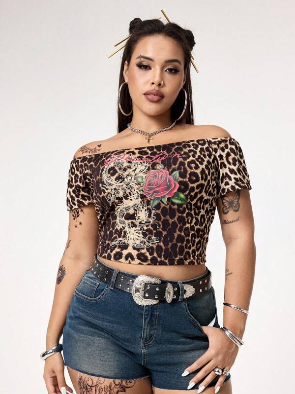 ROMWE Grunge Punk Y2K Retro Fatale Skull, Heart & Rose Graphic Plus Size Off Shoulder Leopard Print T-Shirt