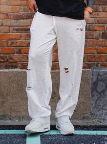 DAZY 男士春季破洞抽绳运动休闲篮球裤，宽松长裤男士慢跑裤 - 淺灰色 - 查看 4