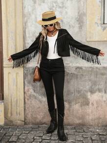 Brillora Fringe Trim Open Front Crop Jacket In Fall/Winter