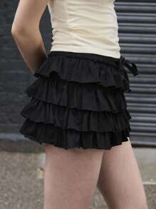 COUREZ Minifalda de cintura baja Y2K con capa interior corta de verano para mujeres - Negro - Ver 4