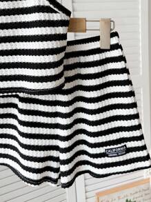 SHEIN 青少年女孩休闲舒适罗纹短款上衣和短裤套装 - 黑與白 - 查看 5