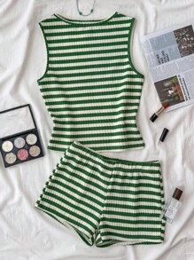 少女 2 件套：条纹圆领吊带背心和短裤休闲套装；拼色不对称领口简约日常连体泳衣，适合暑假、度假、居家、休闲、少女