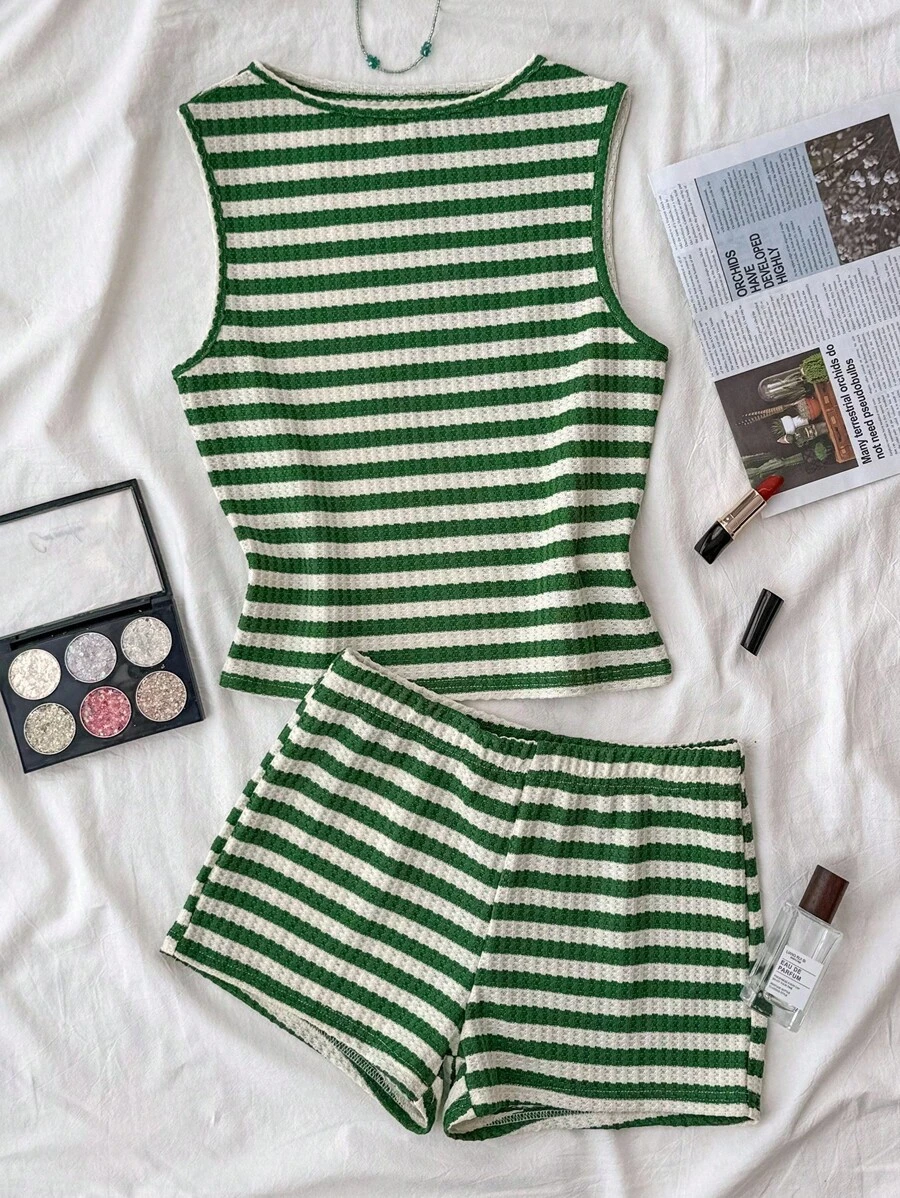 少女 2 件套：条纹圆领吊带背心和短裤休闲套装；拼色不对称领口简约日常连体泳衣，适合暑假、度假、居家、休闲、少女