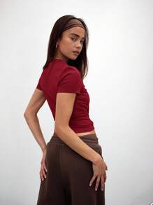 MUSERA Capped Sleeve Snatched T-Shirt Casual Vacation Everyday Airport Holiday  Back To School  Winter ,Elegant Valentines Day Spring Summer - Burgundy - View 3