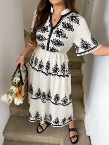 SHEIN LUNE 大码返校装 女士秋季服装 复古印花休闲度假返校节飘逸连衣裙 商务休闲女装曲线款女士秋季服装 复古风格女装 复古风格女装婚礼宾客礼服 女士夜间外出礼服 女士返校节礼服 女士秋季服装 优雅派对礼服 女士派对礼服 节日礼服，适合春秋季、度假和约会 - 杏色 - 查看 1