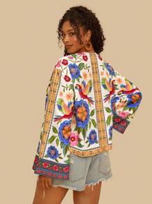 Travachic Blusa Cropped Solta com Mangas Morcego 3/4, Estampa Floral em Viscose, Amarração na Frente, Plus Size, Padrão Colorido de Papagaio e Flor para Blusas Boêmias de Férias Estilo Kimono