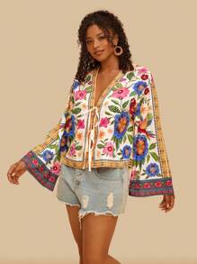 Travachic Blusa Cropped Solta com Mangas Morcego 3/4, Estampa Floral em Viscose, Amarração na Frente, Plus Size, Padrão Colorido de Papagaio e Flor para Blusas Boêmias de Férias Estilo Kimono