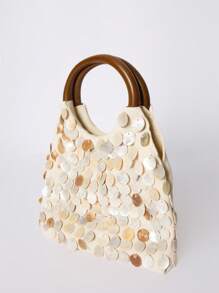 MUSERA 1pc Women's Fashion Elegant Simple Shell & Wood Handbag With Wrist Strap - Beige - View 4