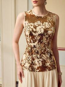 ZEYLAH Đầm không tay cổ tròn đính sequin thanh lịch cho nữ - Màu be - Xem 2