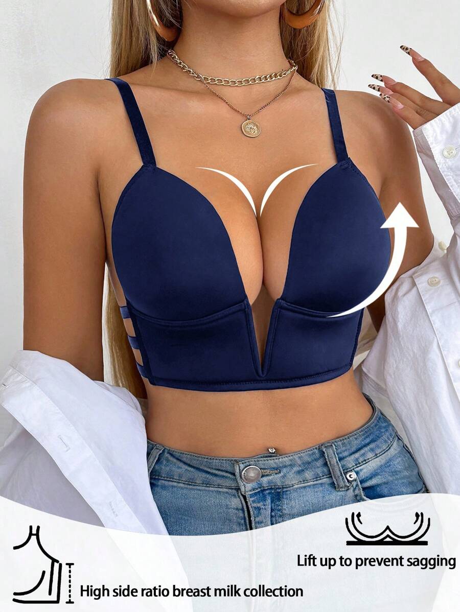 SHEIN 1pc Women's Solid Color Sexy Deep V-Neck Backless Bra - Navy Blue - View 1