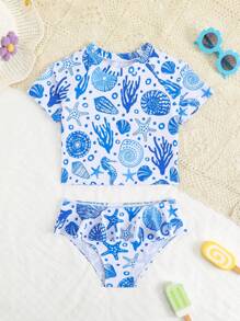 Girls' Marine Life Print Tankini Swimsuit Set, Sibling Matching Outfits (2pcs Sold Separately) Kids Beach Wear Kids Resort Wear Kids Vacation Clothes Tween Beach Wear Girls Beachwear - Multicolor - View 4